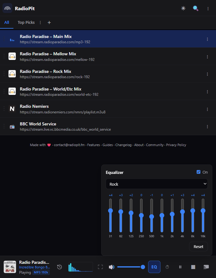 RadioPit equalizer panel with the Rock preset selected and band sliders adjusted