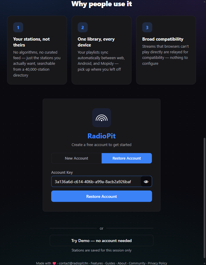 RadioPit Restore Account tab with an account key pasted in
